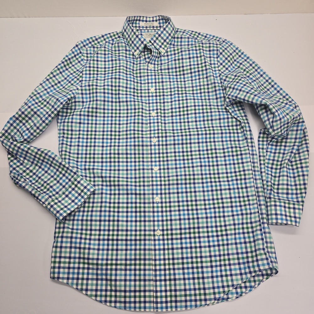 LL Bean Mens Medium Tall Blue Green Gingham Wrinkle Free Button Down Shirt